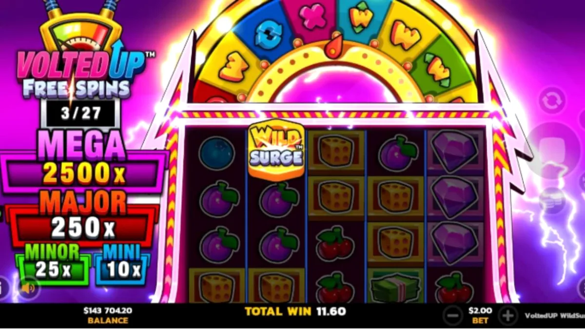 Interface vibrante e futurista do slot VoltedUP WildSurge com símbolos de neon