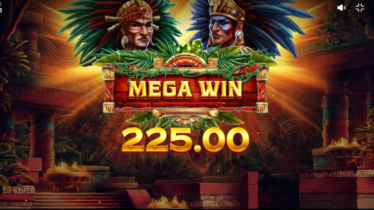 Interface do jogo Aztec Tribute com símbolos astecas e selva ao fundo